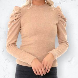 Tuckernuck Camel Pearl Puff Sleeve Sweater Size Small